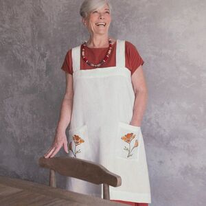 Rough Linen The Original Poppy BlockPrint Linen Pinafore-Apron orange Large